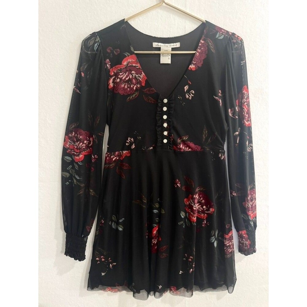 American Rag Black Red Floral Mini Dress Sheer Long Sleeve Boho Romantic Size S